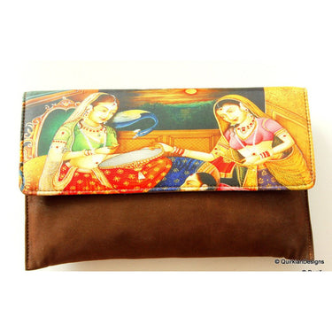 Brown Clutch Purse, Indian Art Work, Wedding & Party Clutch, Faux Leather and Fabric Purse